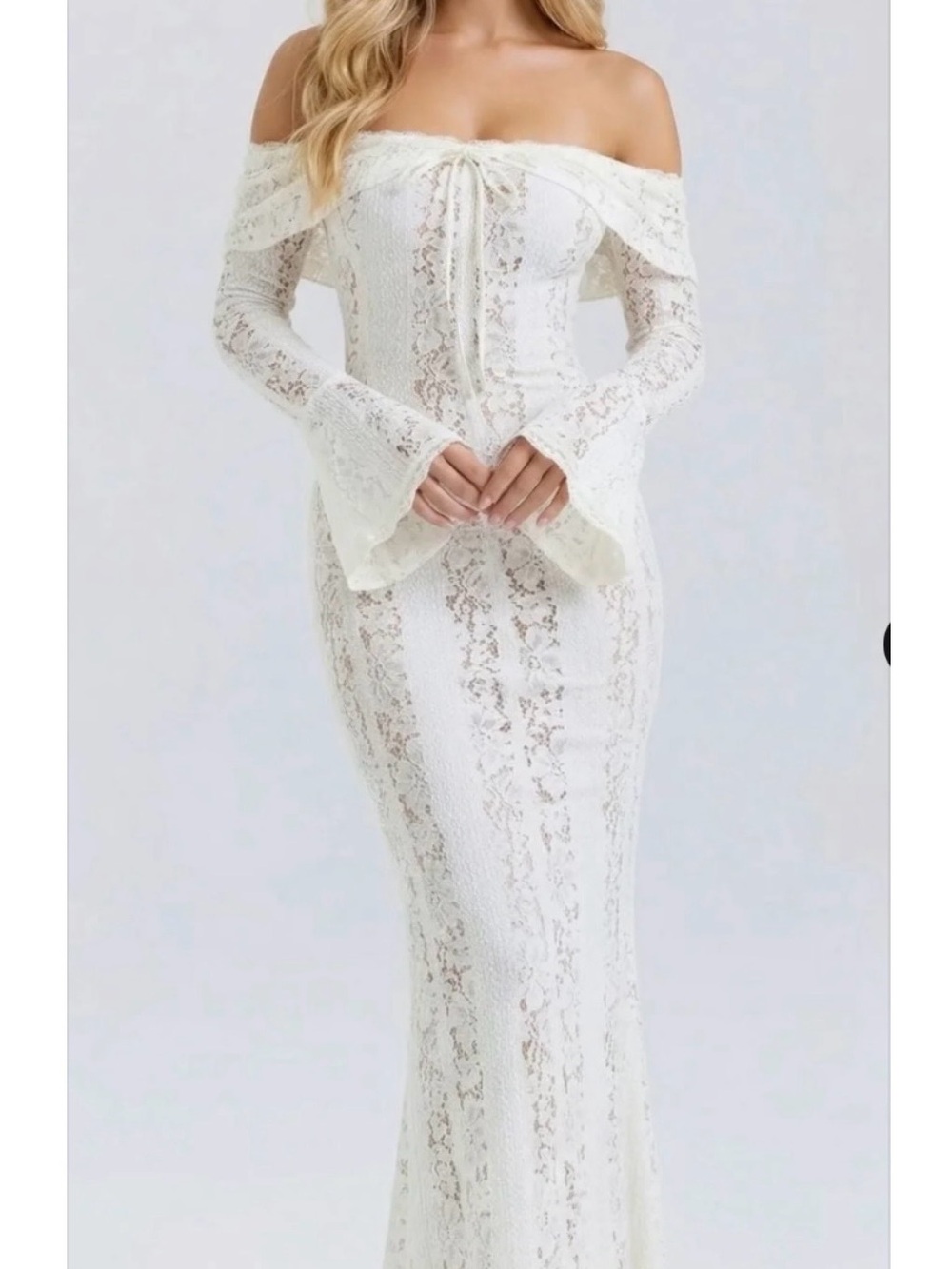 Cream lace overlay Bodycon Metmaid lady Godiva maxi gown